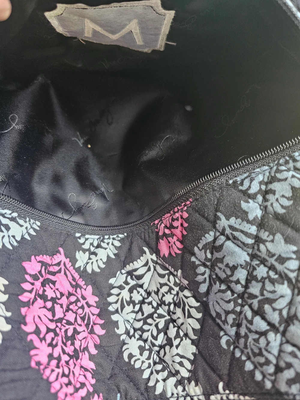 Vera Bradley Black Quilted Backpack with Pink & Gray Leaf Print OS